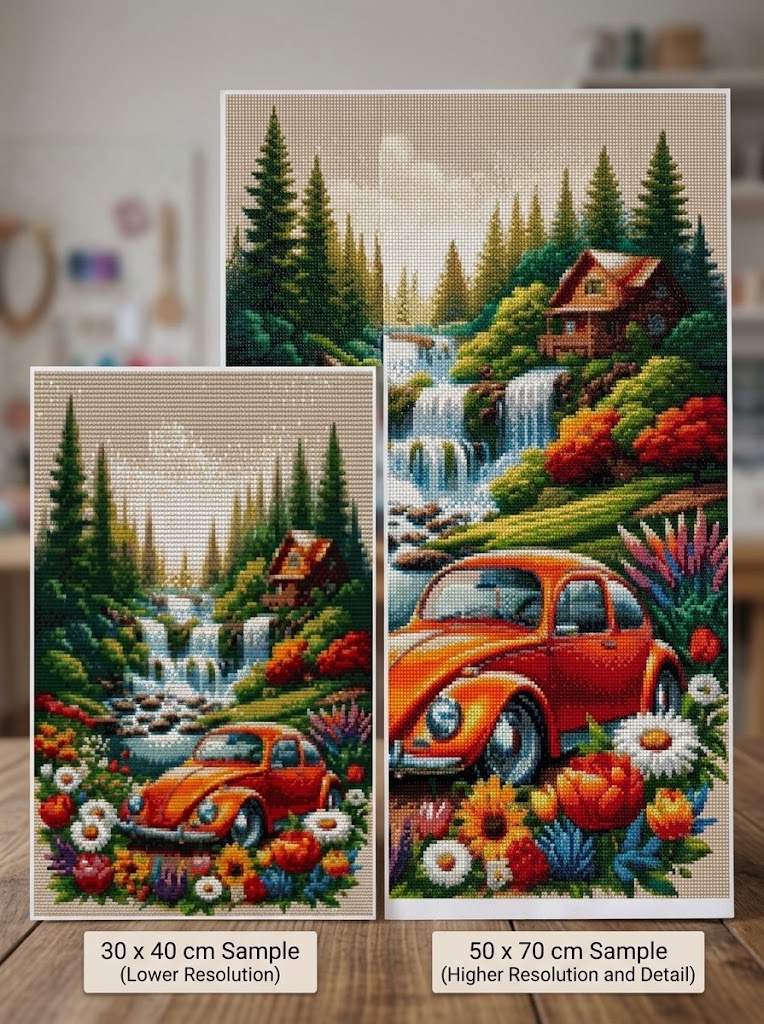 Sample layout of 50x70cm custom diamond painting against a 30x40cm painting